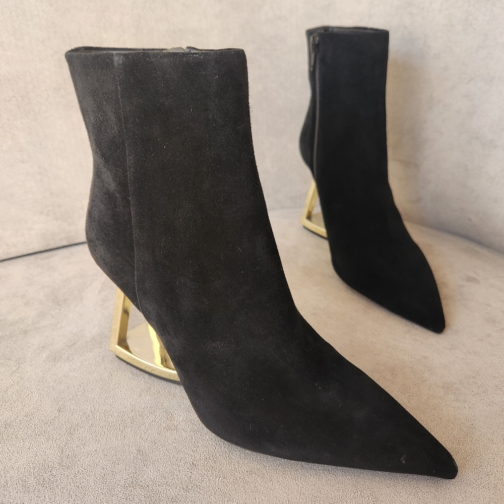Gianni Bini Dress Booties 6.5 Black Suede Gold Architectural Heel Pointy New$140